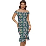 Mid Century Retro Floral 1970s 1960s Pattern 62 Off Shoulder Ruffle Split Hem Bodycon Dress