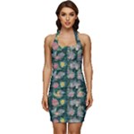 Mid Century Retro Floral 1970s 1960s Pattern 62 Sleeveless Wide Square Neckline Ruched Bodycon Dress
