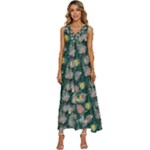 Mid Century Retro Floral 1970s 1960s Pattern 62 V-Neck Sleeveless Wide Leg Pants Overalls