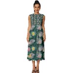 Mid Century Retro Floral 1970s 1960s Pattern 62 Sleeveless Round Neck Midi Dress