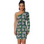 Mid Century Retro Floral 1970s 1960s Pattern 62 Long Sleeve One Shoulder Mini Dress