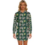 Mid Century Retro Floral 1970s 1960s Pattern 62 Womens Long Sleeve Shirt Dress