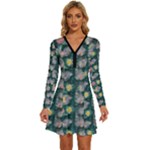 Mid Century Retro Floral 1970s 1960s Pattern 62 Long Sleeve Deep V Mini Dress 