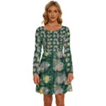 Mid Century Retro Floral 1970s 1960s Pattern 62 Long Sleeve Wide Neck Velvet Dress