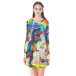 TRex/unicorns Long Sleeve V-neck Flare Dress