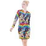 TRex/unicorns Button Long Sleeve Dress