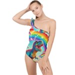 TRex/unicorns Frilly One Shoulder Swimsuit