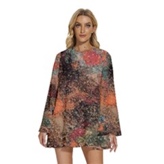Round Neck Long Sleeve Bohemian Style Chiffon Mini Dress 