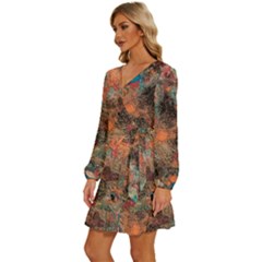 Long Sleeve Waist Tie Ruffle Velvet Dress 