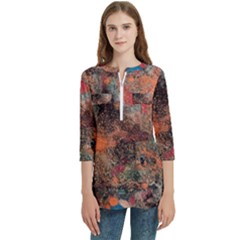 Women s Zip Front V-Neck 3/4 Sleeve Casual Top Pocket Shirt 