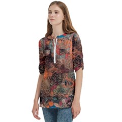 Women s Zip Front V-Neck 3/4 Sleeve Casual Top Pocket Shirt 