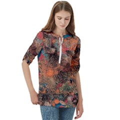 Women s Zip Front V-Neck 3/4 Sleeve Casual Top Pocket Shirt 