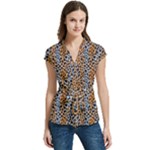 Blue Brown Leopard Women s Cap Sleeve Mandarin Collar Waist Tie Blouse