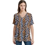 Blue Brown Leopard V-Neck Split Shoulder Casual T-Shirt