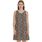 Blue Brown Leopard Round Neck Sleeve Casual Dress With Pockets