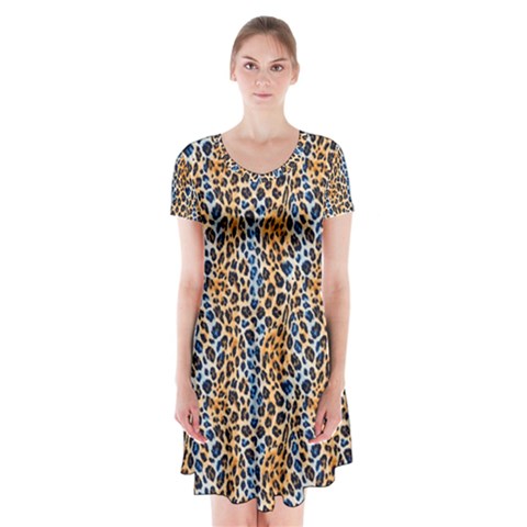 Blue Brown Leopard Short Sleeve V