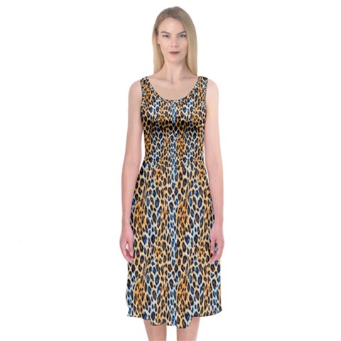 Blue Brown Leopard Midi Sleeveless Dress from ArtsNow.com