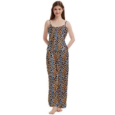 Blue Brown Leopard Spaghetti Top Long Pants Satin Pajamas Set from ArtsNow.com