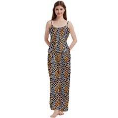Blue Brown Leopard Spaghetti Top Long Pants Satin Pajamas Set from ArtsNow.com