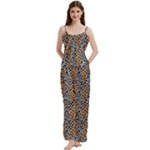 Blue Brown Leopard Spaghetti Top Long Pants Satin Pajamas Set