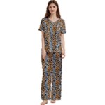 Blue Brown Leopard Short Sleeve Satin Pajamas Set With Pockets