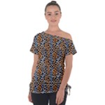 Blue Brown Leopard Off Shoulder Tie-Up T-Shirt