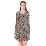 Blue Brown Leopard Long Sleeve V-neck Flare Dress