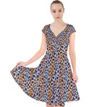 Blue Brown Leopard Cap Sleeve Front Wrap Midi Dress