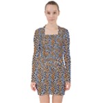 Blue Brown Leopard V-neck Bodycon Long Sleeve Dress