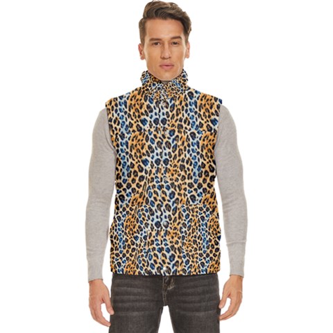 Blue Brown Leopard Men s High Neck Button Up Puffer Vest from ArtsNow.com