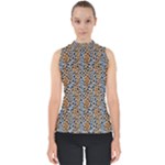 Blue Brown Leopard Mock Neck Shell Top