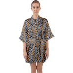 Blue Brown Leopard Half Sleeve Satin Kimono 