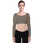 Blue Brown Leopard Velvet Long Sleeve Crop Top