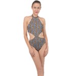 Blue Brown Leopard Halter Side Cut Swimsuit