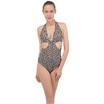 Blue Brown Leopard Halter Front Plunge Swimsuit