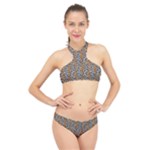 Blue Brown Leopard High Neck Bikini Set