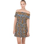 Blue Brown Leopard Off Shoulder Chiffon Dress