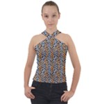 Blue Brown Leopard Cross Neck Velour Top