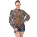 Blue Brown Leopard High Neck Long Sleeve Chiffon Top