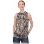 Blue Brown Leopard High Neck Satin Top