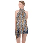 Blue Brown Leopard Halter Asymmetric Satin Top