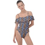 Blue Brown Leopard Frill Detail One Piece Swimsuit