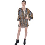 Blue Brown Leopard V-Neck Flare Sleeve Mini Dress