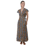 Blue Brown Leopard Flutter Sleeve Maxi Dress