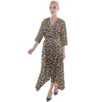 Blue Brown Leopard Quarter Sleeve Wrap Front Maxi Dress