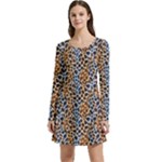 Blue Brown Leopard Long Sleeve Velour Skater Dress