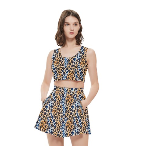 Blue Brown Leopard Women s Crop Top Pleated Skater Rave Skirt from ArtsNow.com