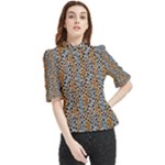 Blue Brown Leopard Frill Neck Blouse