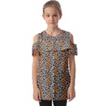 Blue Brown Leopard Fold Over Open Sleeve Top