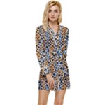Blue Brown Leopard Long Sleeve Satin Robe